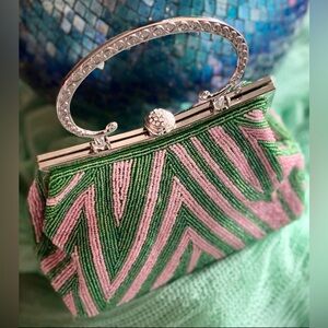 NWOT Vintage Style Seed Beaded Evening Bag Pink Green With Chain Strap